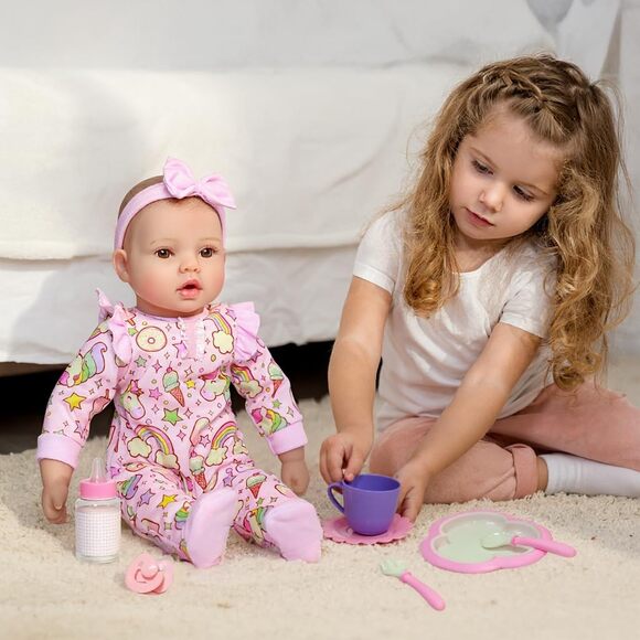 Realistic Reborn Baby Doll Girl 18 Inch Soft Body Brown Eyes Pink Outfit Gift - Picture 4 of 9